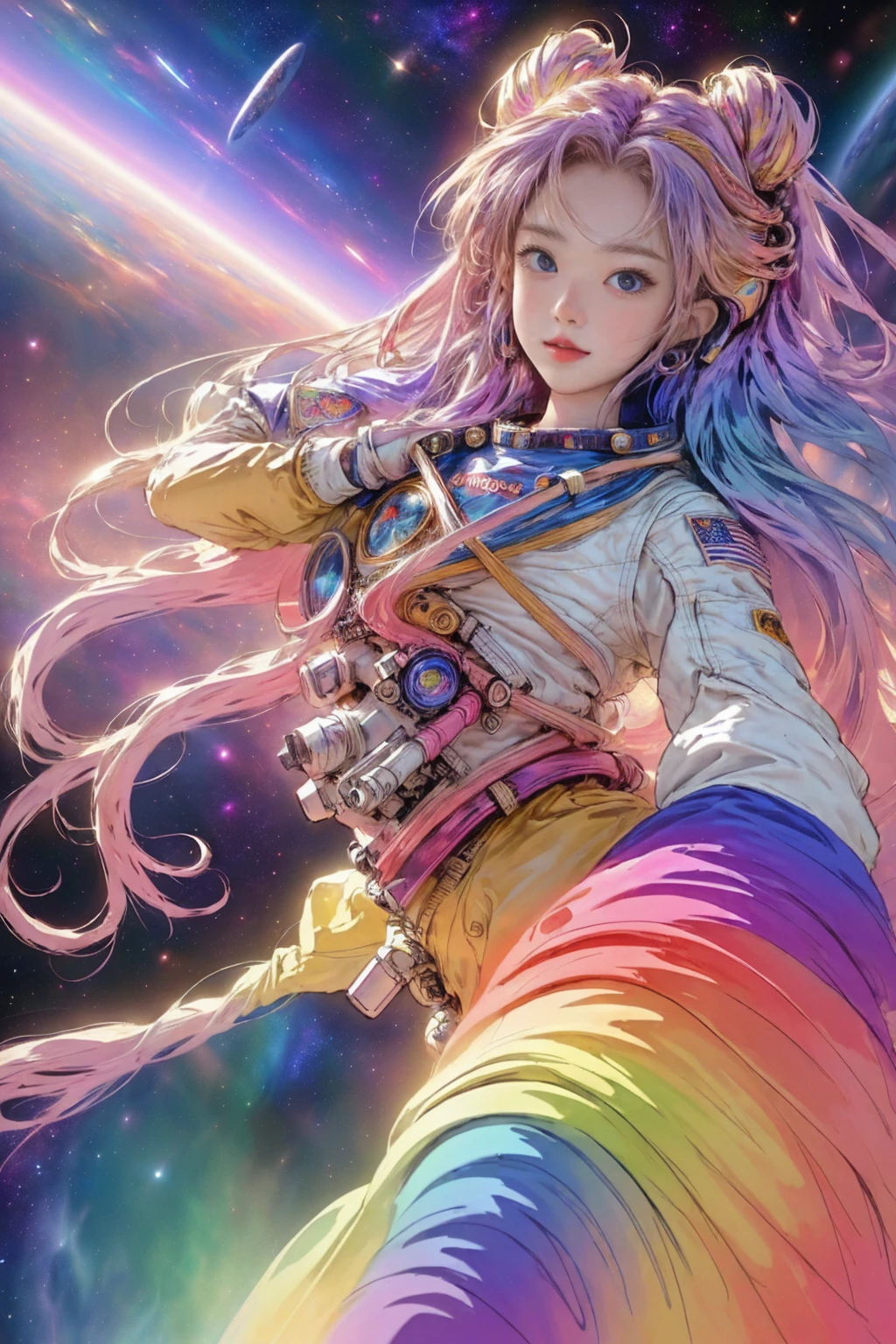 (best quality, masterpiece, colorful, dynamic angle, highest detailed) fashion photography of cute astronaut girl with long iridiscent colorful hair, in space (intricate details, hyperdetailed:1.15), detailed, sunlight passing through hair, (beautiful galaxy background), (official space art, extreme detailed, highest detailed), HDR+