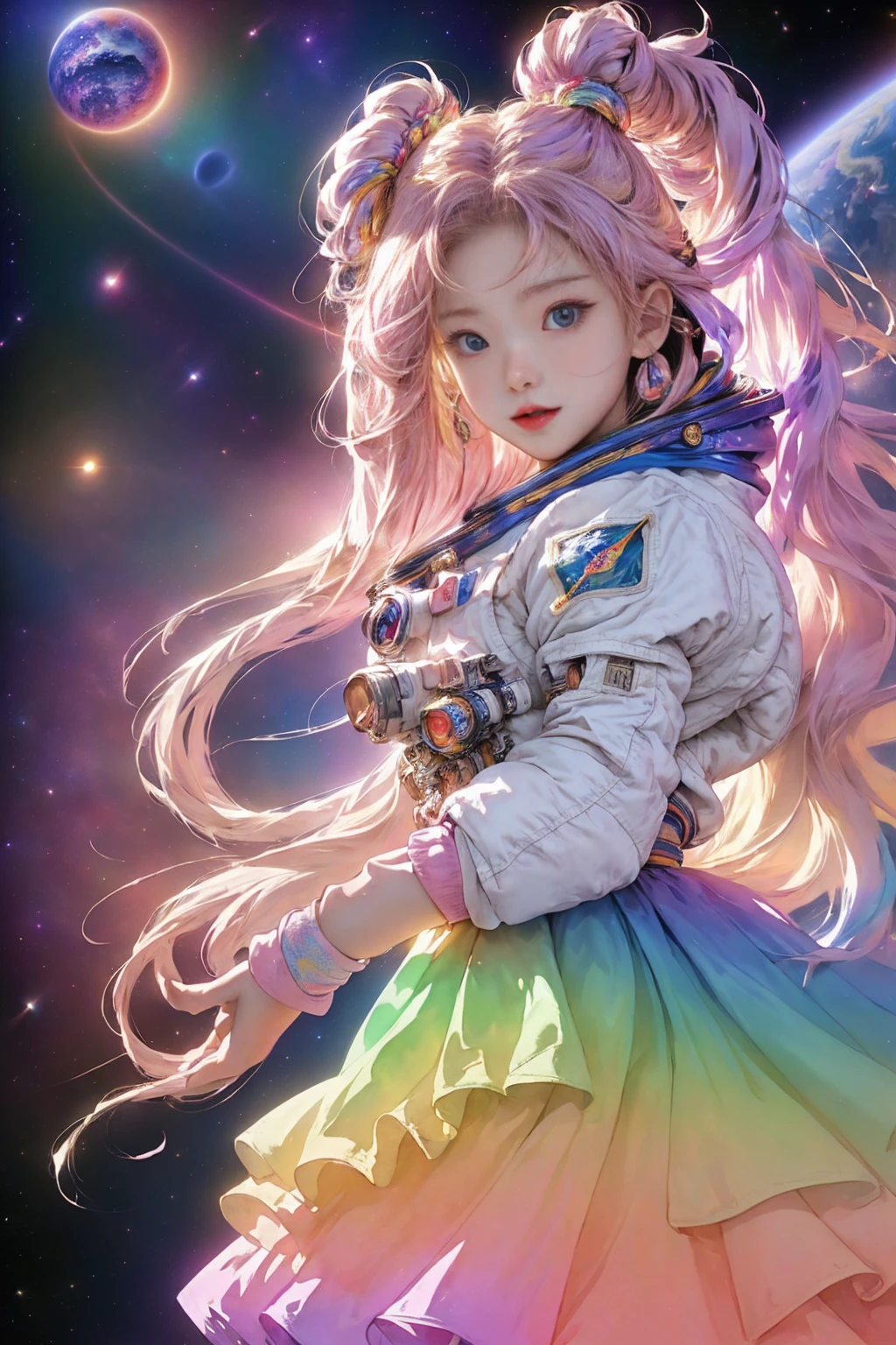 (best quality, masterpiece, colorful, dynamic angle, highest detailed) fashion photography of cute astronaut girl with long iridiscent colorful hair, in space (intricate details, hyperdetailed:1.15), detailed, sunlight passing through hair, (beautiful galaxy background), (official space art, extreme detailed, highest detailed), HDR+