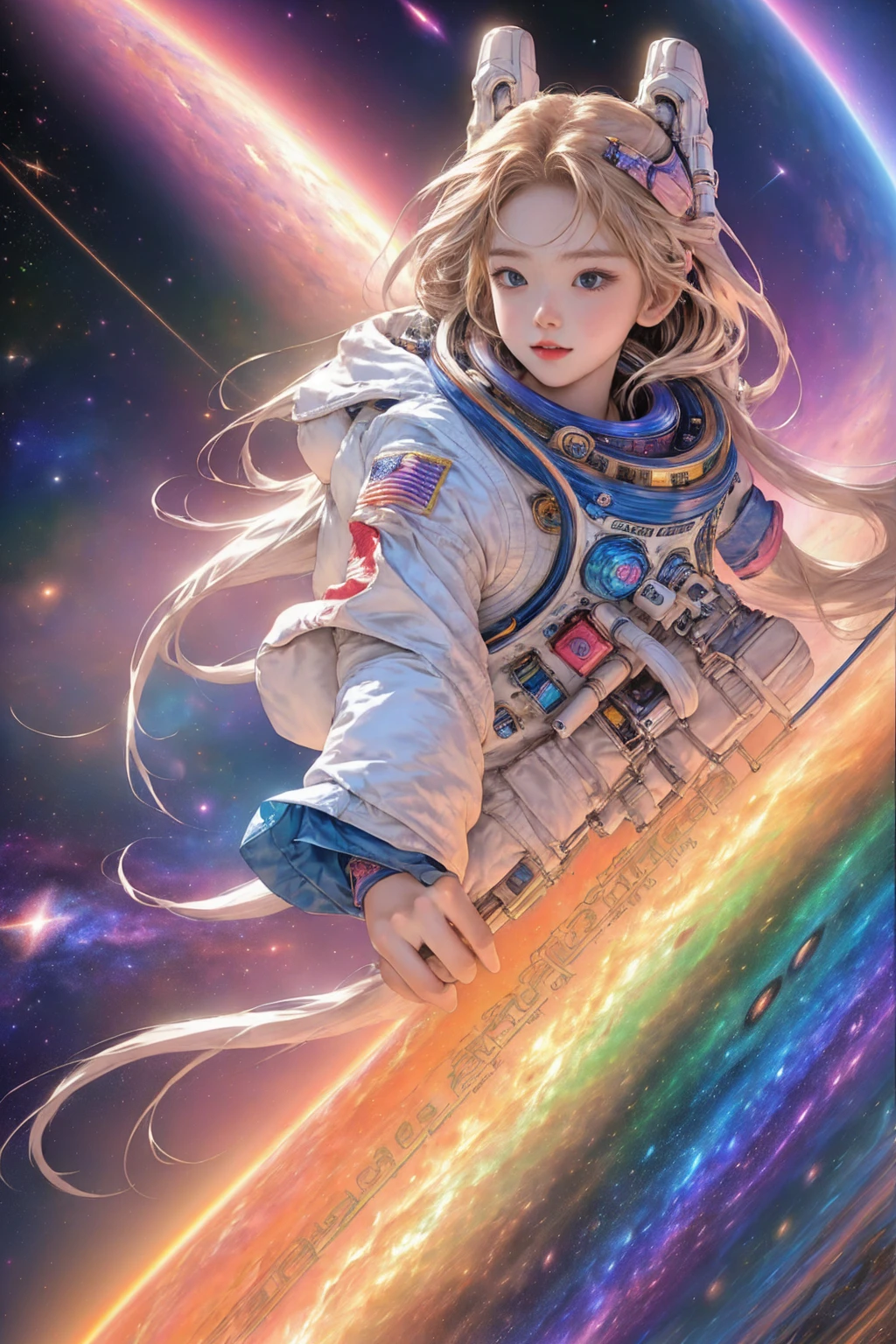 (best quality, masterpiece, colorful, dynamic angle, highest detailed) fashion photography of cute astronaut girl with long iridiscent colorful hair, in space (intricate details, hyperdetailed:1.15), detailed, sunlight passing through hair, (beautiful galaxy background), (official space art, extreme detailed, highest detailed), HDR+