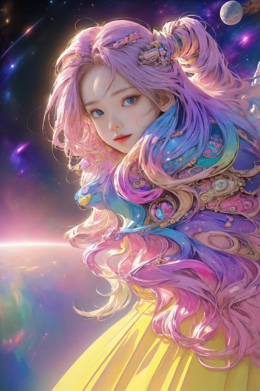 (best quality, masterpiece, colorful, dynamic angle, highest detailed) fashion photography of cute astronaut girl with long iridiscent colorful hair, in space (intricate details, hyperdetailed:1.15), detailed, sunlight passing through hair, (beautiful galaxy background), (official space art, extreme detailed, highest detailed), HDR+