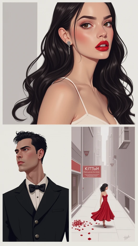 A background of a dark street with bullets and red rose petals on the ground, The girl is between the two men who are almost two meters tall., The girl has a sexy red dress and the men are wearing tailored black suits