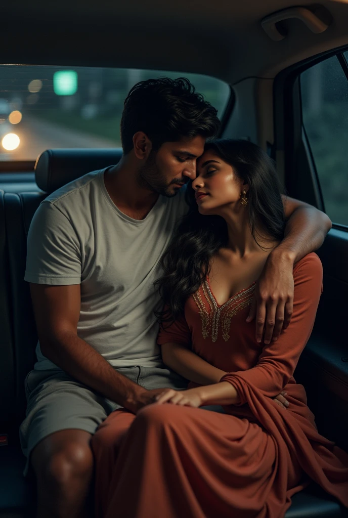 At night, one indian man wears tshirt shorts sitting on back seat of the car and one indian woman is sitting on that man's lap. That woman wears kurta and slack. Woman looking to front seat, man smelling woman's hair.