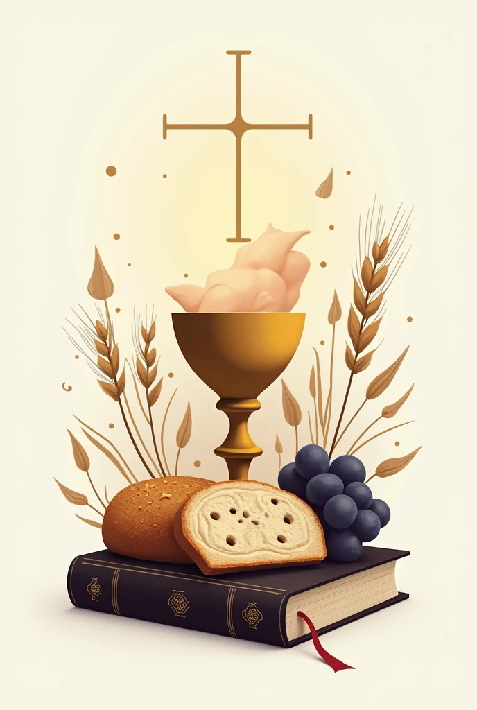 Non-realistic drawing of communion chalice, bread form, grape, wheat and holy bible