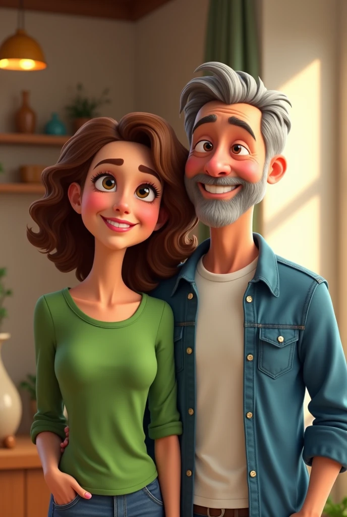 Pixar style image of a couple, full body shot. the wife is in front , She has a green shirt, She has light brown curly hair, white skin, She is a little chubby, The husband behind her is white-skinned, grey hair, shaved beard white shirt and blue jacket, They are looking away smiling.