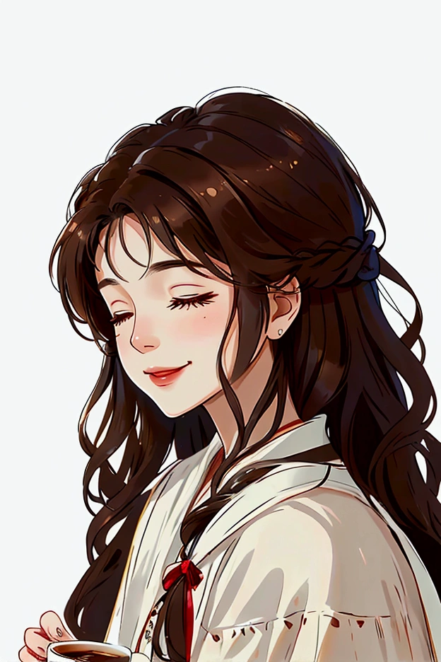 Profile of a woman drinking coffee、Close ~ eyes、smile、Brown Hair、Long Hair、Curly Hair、Mature、Snazzy、cute、White background、An illustration