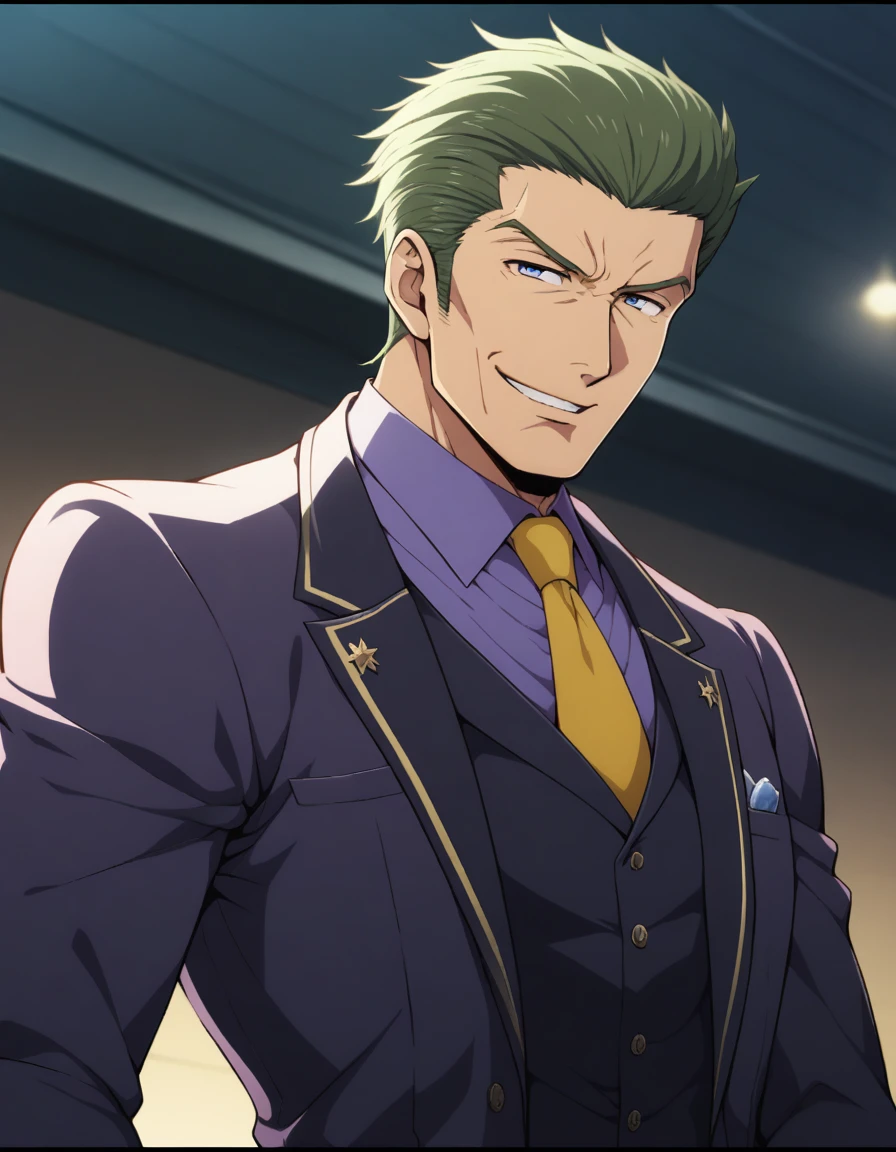 1man, (mature father in old hentai CG style, dandy president, moss olive hair, deepblue eyes, arafed spiky hair slicked back, businessman hairstyle), ideal ratio body proportions, BREAK (over 30s, elder producer, toned dilettante, high cheekbones, broad shoulder, square shaped face, handsome, beautiful detailed eyes, under 40s), BREAK (violet formal jacket, purplewhite shirt, yellow necktie, simple costume), BREAK solo, cool smile, smart emotion, BREAK upperlegs, romantic expression, 2000s, visual novel, in nitroplus style, BREAK depth of field, dutch angle, cinematic shadows, cinematic lighting, lens flare, light leaks, texture, absurdres absolutely resolution, extreme all detailed, greatest paint, BREAK masterpiece, best quality, BREAK score_9, score_8_up, score_7_up, source_anime, rating_safe, score_6_up, score_5_up, score_4_up