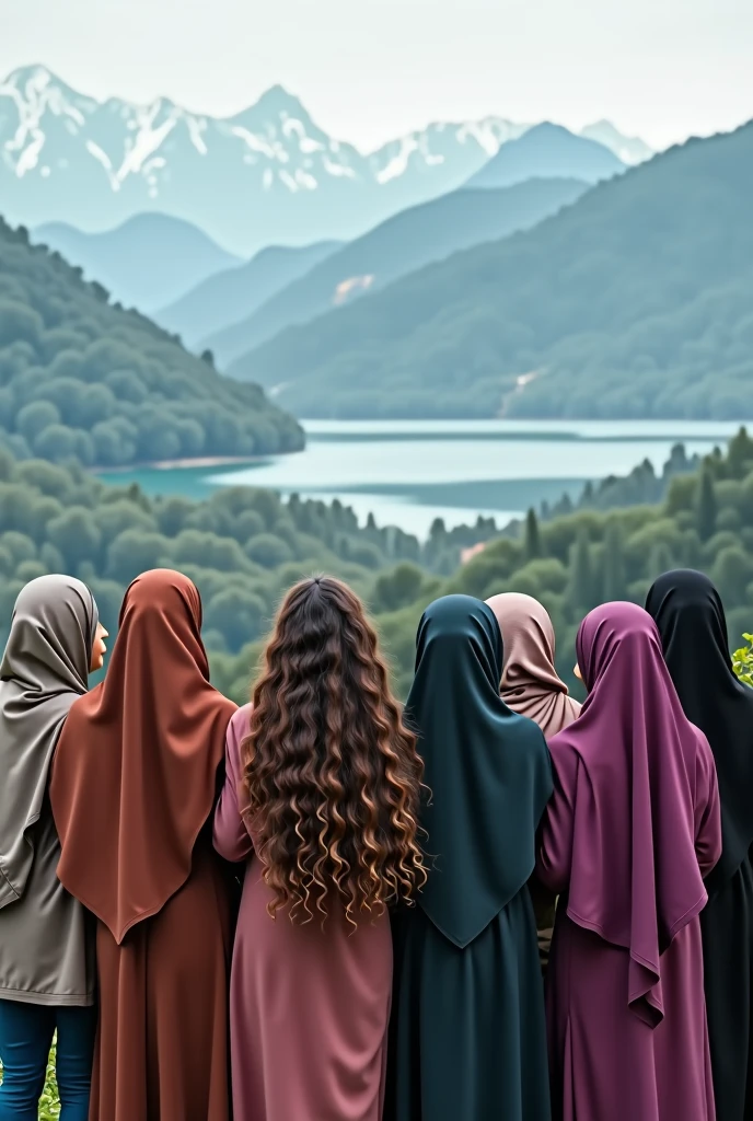 10 muslim cousins who are covered one of them not covered with long curly brown hair looking into a beautiful view . A picture from behind