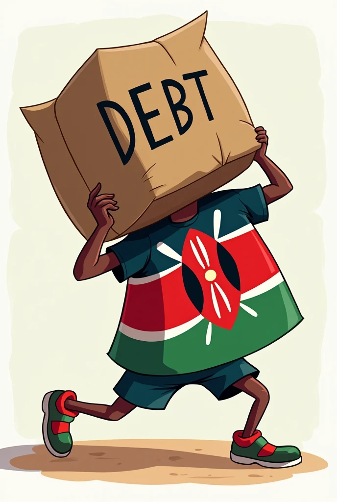 Cartoon with tag revenue as head, wearing tshirt with kenyan flag colors and trying to lift heavy load labelled debt