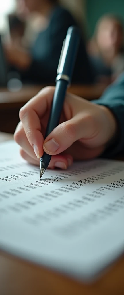 In the style of real movies,课桌close up,A hand is holding a pen and writing answers on the test paper(close up),No face