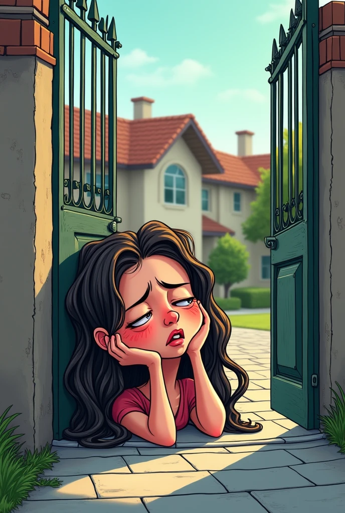 A cartoonist AI image of a woman in this style 'and her hair is wet image with her house gate background and she is fainted and her eyes is closed