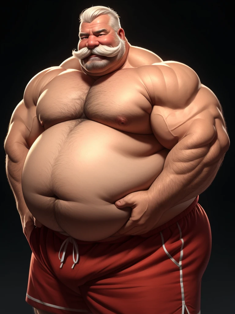 fat daddy, hot daddy, a smiling obese old man, chubby, big fat, detailed realistic portrait, 8k high resolution, topless, sumo physique, side view, perfect center, full view, realistic skin texture, wrinkled face, short hair, thick mustache, white hair, bearded, jovial expression, huge belly, fat, wearing shorts, high detail, masterpiece, (best quality,4k,8k,highres,masterpiece:1.2),ultra-detailed