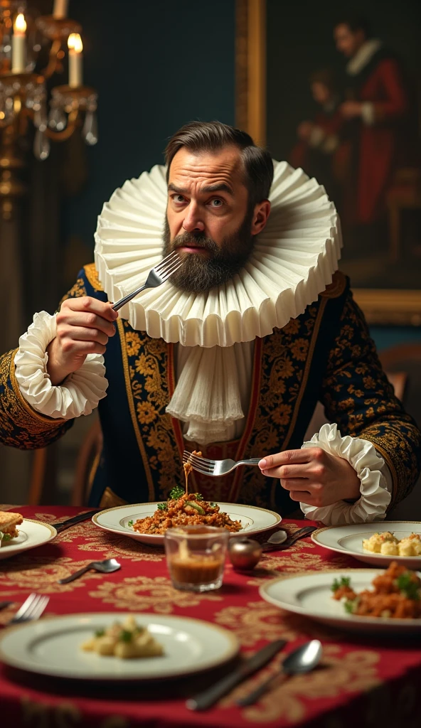 A nobleman struggling to eat while wearing an enormous ruff collar at a lavish dinner table. The food remains untouched as he awkwardly tries to bring a fork to his mouth. The cinematic colors should highlight the absurdity and discomfort of the situation.