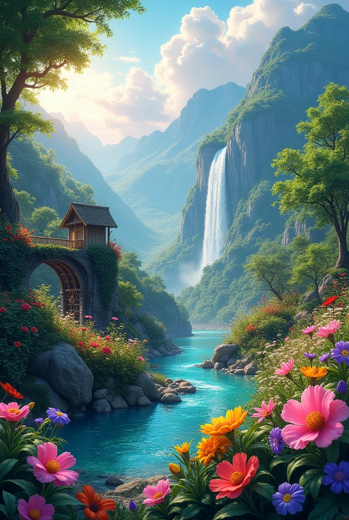 painting of a mountain garden paradise, beautiful scenery,bushes, ((colorful flowers:1.2)), sunlight over grass and flowers, dew, ((glistening look)), ((blue)) color stream water,waterwheel,dusk,waterfall,4k hd, cloud,beautiful art uhd 4 k, a beautiful artwork illustration, beautiful digital painting, highly detailed digital painting, beautiful digital artwork, detailed painting 4 k, very detailed digital painting, rich picturesque colors, gorgeous digital painting