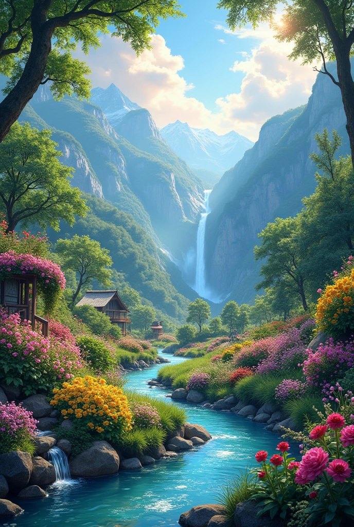 painting of a mountain garden paradise, beautiful scenery,bushes, ((colorful flowers:1.2)), sunlight over grass and flowers, dew, ((glistening look)), ((blue)) color stream water,waterwheel,dusk,waterfall,4k hd, cloud,beautiful art uhd 4 k, a beautiful artwork illustration, beautiful digital painting, highly detailed digital painting, beautiful digital artwork, detailed painting 4 k, very detailed digital painting, rich picturesque colors, gorgeous digital painting