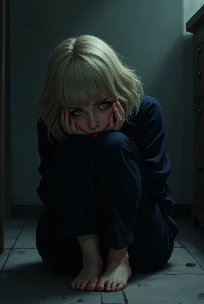 Woman, blonde short wavy hair with bangs, moss green eyes with deep dark circles, crying in the room sitting on the floor with her hands on her face, Dark clothes