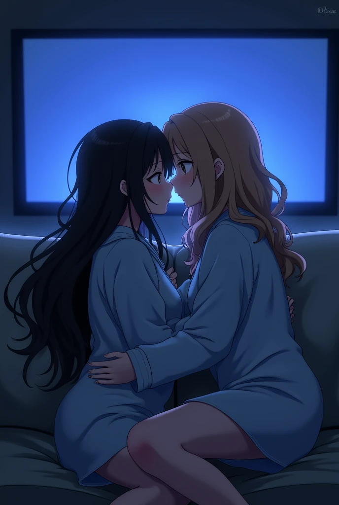 two beautiful anime women making out on their couch, dark, soft light from the TV, missionary position, one with long silk black hair and one with long curly light brown hair, in blue pajamas.
