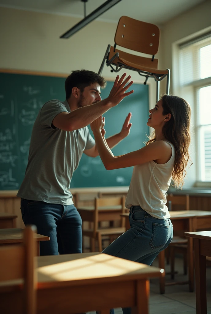 Hyper realistic image of a male student throwing a chair on a female teacher