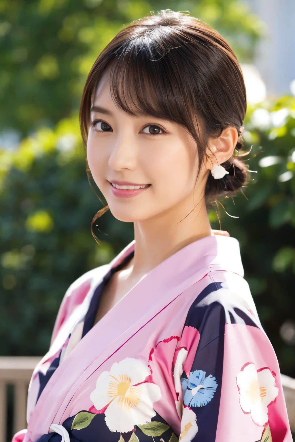 1 person, (Wearing a cute pink yukata.:1.2), Very beautiful Japanese idol portraits, (Young Face),
(RAW Photos, Highest quality), (Realistic, Realistic:1.4), (masterpiece), 
Very delicate and beautiful, Very detailed, 2k wallpaper, wonderful, finely, Very detailed CG Unity 8k 壁紙, Very detailed, High resolution, Soft Light, 
Beautiful details, Very detailed目と顔, Beautiful and sophisticated nose, Beautiful and beautiful eyes, Cinema Lighting, 
(Commemorative photo at the Loire Castle:1.3), 
(Japanese hairstyle), (Tie your hair at the back:1.3), (bangs), (hairpin), 
Complete Anatomy, Slender body, Small breasts, smile