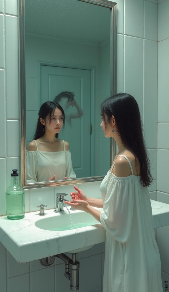 ((best quality)), ((Masterpiece)), (details), As Mind was washing her hands in the sink, she noticed an unfamiliar reflection in the mirror. It was the reflection of another girl standing behind her.