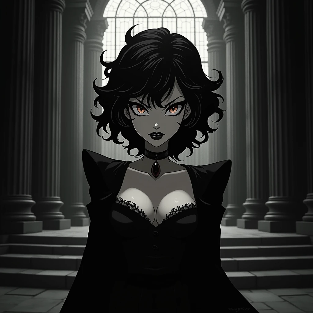 Cruella in black and white curly hair in anime version wearing dark makeup andin dark villa