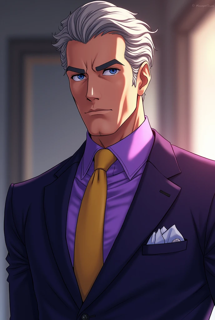 1man, (mature father in old hentai CG style, dandy president, moss olive hair, deepblue eyes, arafed spiky hair slicked back, businessman hairstyle), ideal ratio body proportions, BREAK (over 30s, elder producer, toned dilettante, high cheekbones, broad shoulder, square shaped face, handsome, beautiful detailed eyes, under 40s), BREAK (violet formal jacket, purplewhite shirt, yellow necktie, simple costume), BREAK solo, cool smile, smart emotion, BREAK upperlegs, romantic expression, 2000s, visual novel, in nitroplus style, BREAK depth of field, dutch angle, cinematic shadows, cinematic lighting, lens flare, light leaks, texture, absurdres absolutely resolution, extreme all detailed, greatest paint, BREAK masterpiece, best quality, BREAK score_9, score_8_up, score_7_up, source_anime, rating_safe, score_6_up, score_5_up, score_4_up