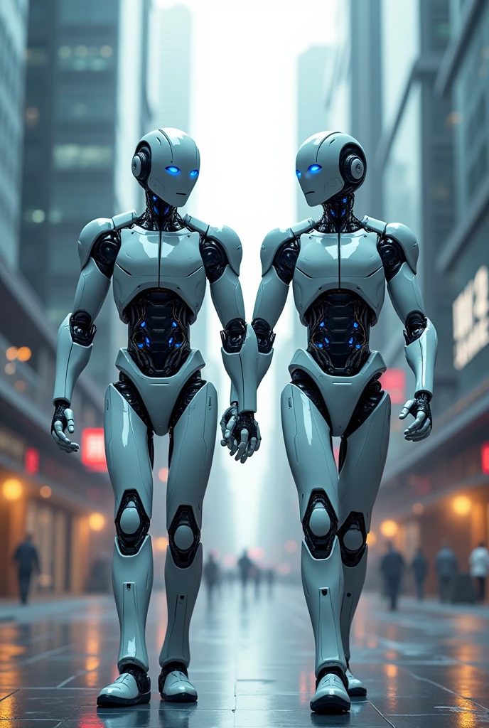 Two male friends Robots walking together towards camera-high resolution 