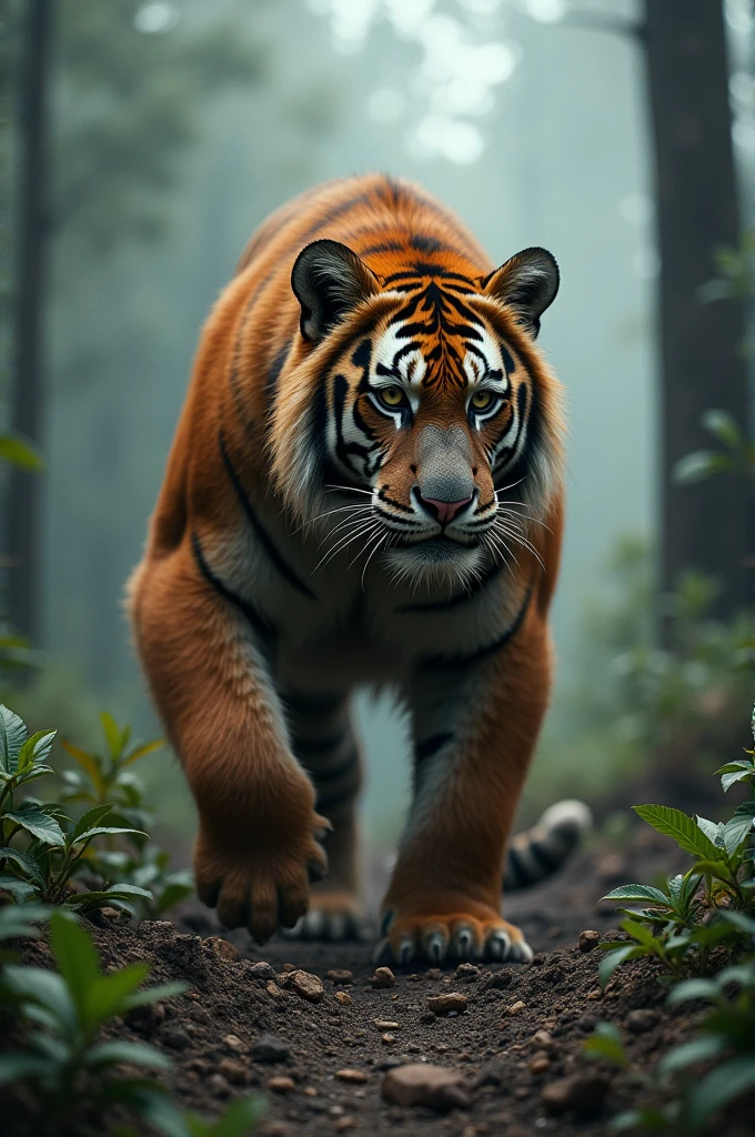 An image of an endangered species, such as an orangutan or tiger, in a destroyed or degraded forest habitat, showing how deforestation threatens wildlife.