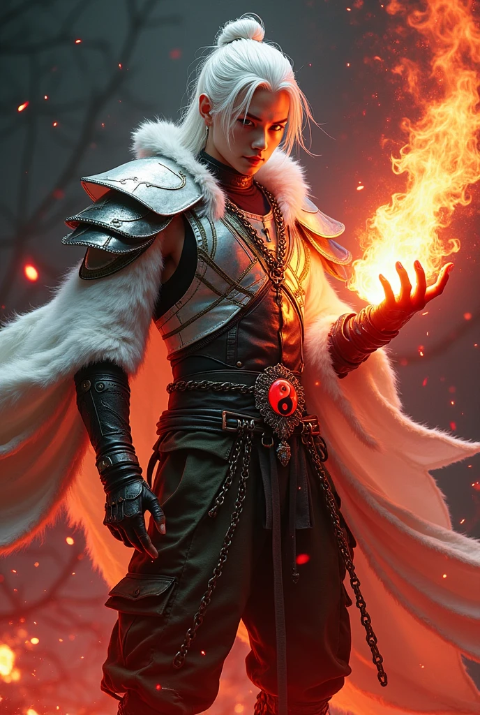 Male age 35, asian, white hair visual kei, wisdom sight, white plate armor, white tiger armor plate, a red ying-yang crystal on the belt , dark green leather matrix gabardine, dark green cargo, arm on red fire, chains around the belt, leather boots with chain pins, cyberpunk japanese style, athletic strongest, magic powers, action, black cat nails, crazy pose, dark night backgroud