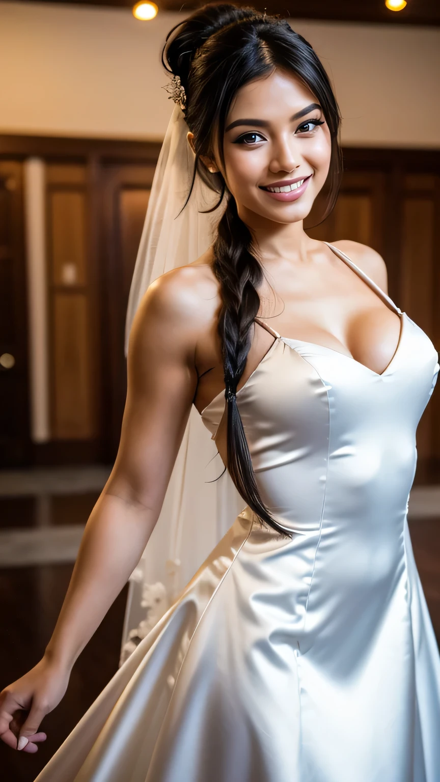 Realistic full body photo of a smiling black-haired young girl with long hair, ponytail hairstyle, She dances in front of the camera in a long A-line wedding dress with straps made of shiny satin., Park,glamour fotoshooting, Wedding celebration, perfect anatomy, perfect brown eyes. Perfect hands with 5 fingers on each hand, Matching girl, look into the camera, 1 Frau. (Eye make up:1.1), (highly detailed skin:1.1), spirit, analog style, keen focus, 8K UHD, dslr, good quality, Fujifilm XT3, Grain, Award-winning, masterpiece. Wedding celebration