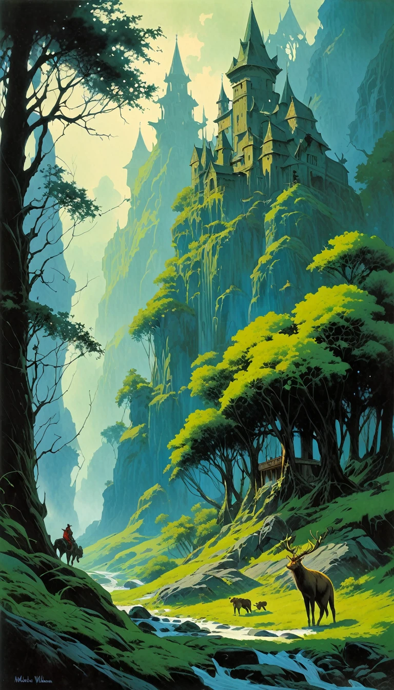 artist by Michael Whelan,inside the village,wild animals,light tones,(smooth strokes),fine sketches,Vivid,Moody,Landscapes,Fantasy,Dark,landscape oil painting, red and green colors