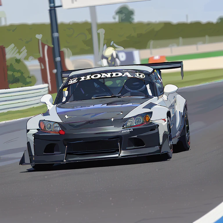 Honda S2000 racing in the race track, , flat colors, vivid colors, black and very bold outline like manga, High Resolution, Pokemon design style, cartoon style, no reflections