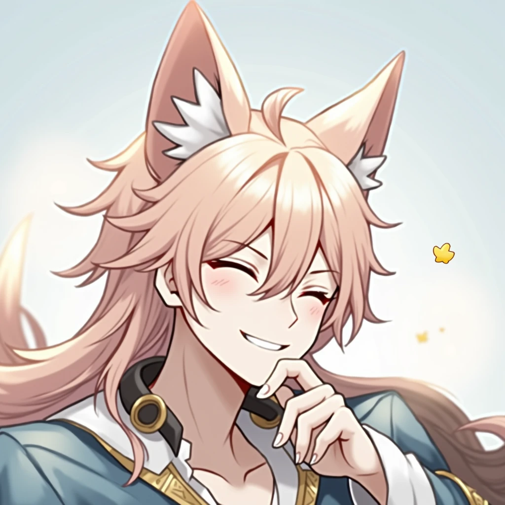 Jiaoqiu from honkai star rail. a man with long peach-colored hair and fox ears.  smile.  eyes are always closed