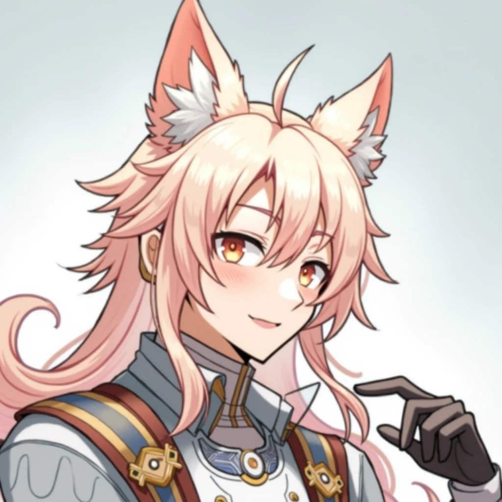 Jiaoqiu from honkai star rail. a man with long peach-colored hair and fox ears. smile. eyes are always closed