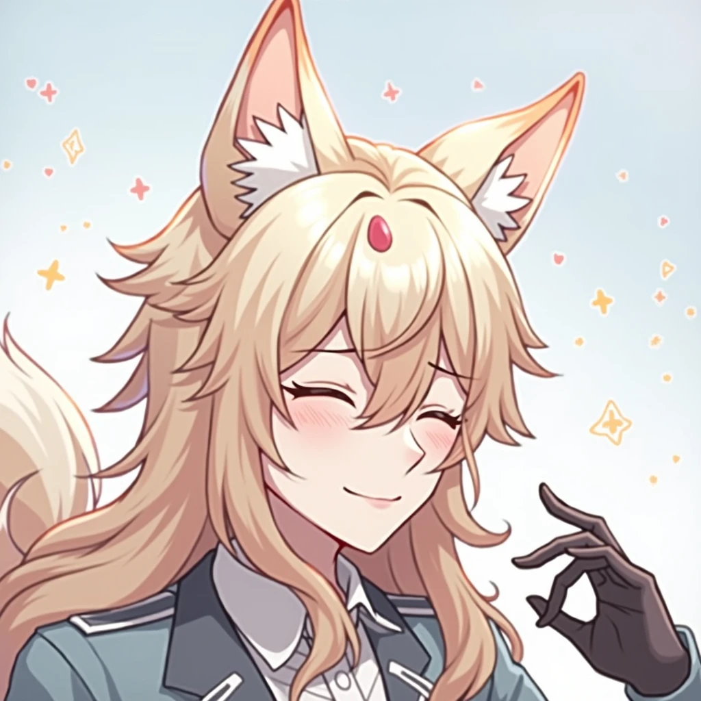 Jiaoqiu from honkai star rail. a man with long peach-colored hair and fox ears. smile. eyes are always closed