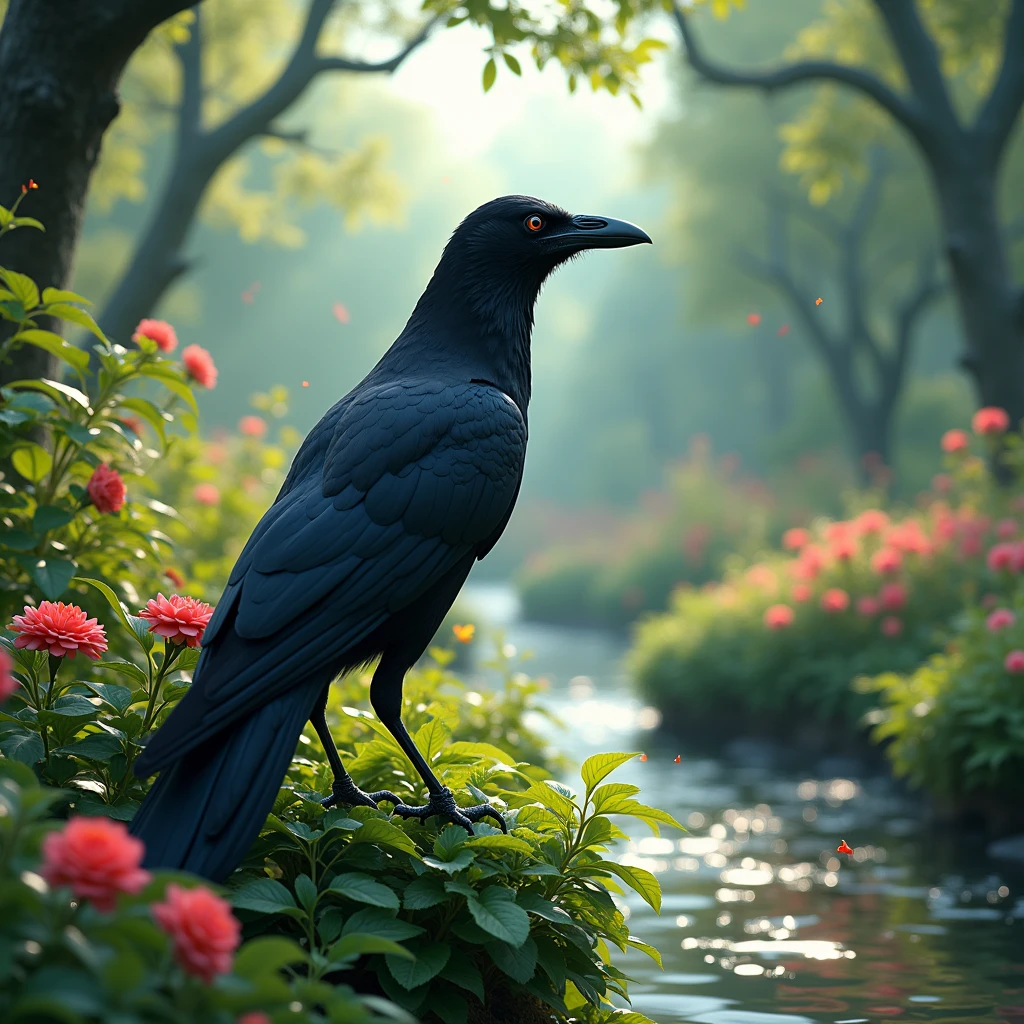 Finally the black crow reached a garden