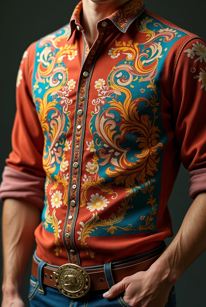 An eye catching, realistic, intricate details, warm colored shirt with german designs and colorful drip shirt