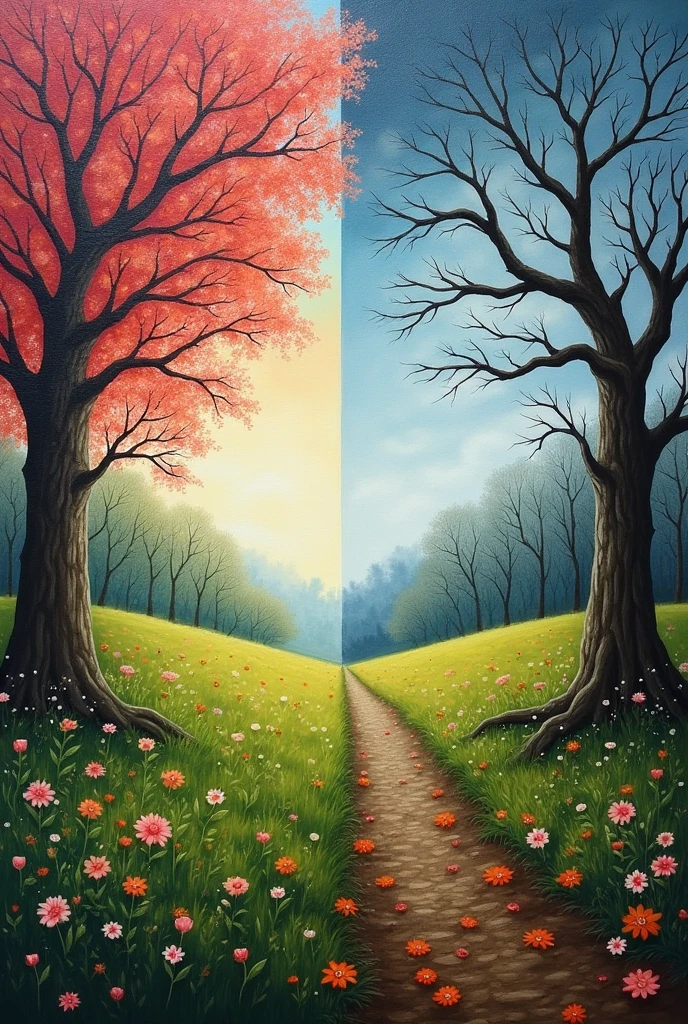 Can you create vertical split painting of spring on one side and autumn on other make autumn side more gloomy and dead 
