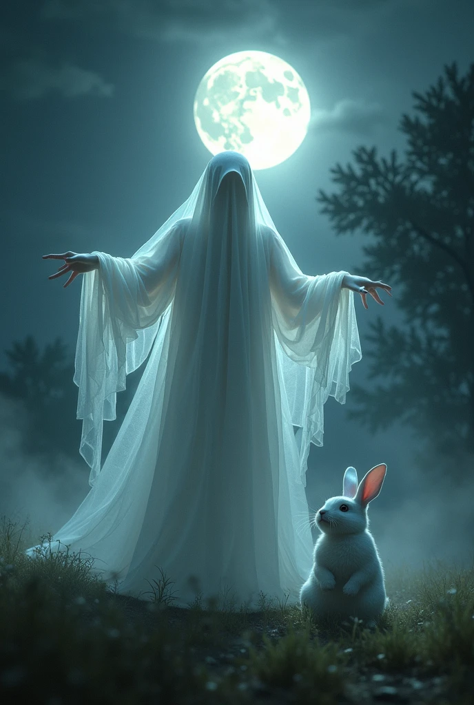 A white clothe ghost attack in white rabbit in the night ai image
