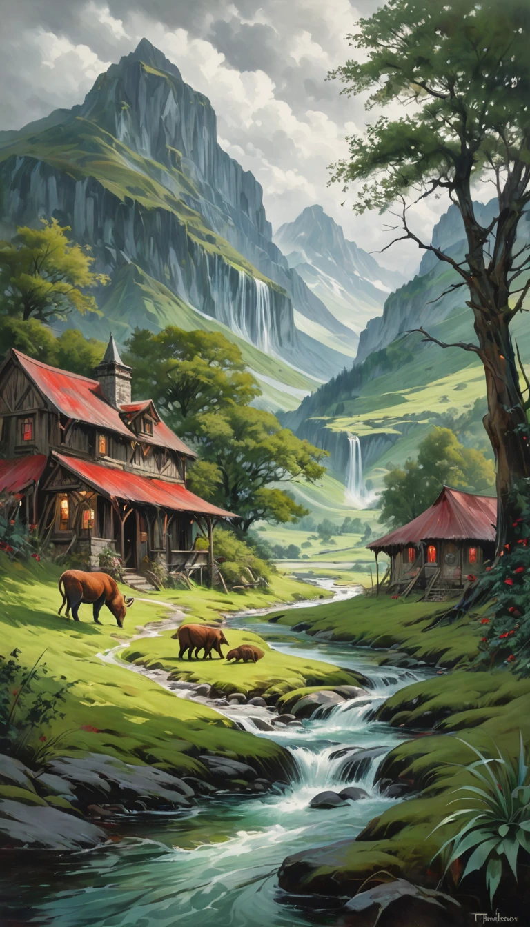 artist by Keith Parkinson,inside the village,wild animals,light tones,(smooth strokes),fine sketches,Vivid,Moody,Landscapes,Fantasy,Dark,landscape oil painting, red and green colors