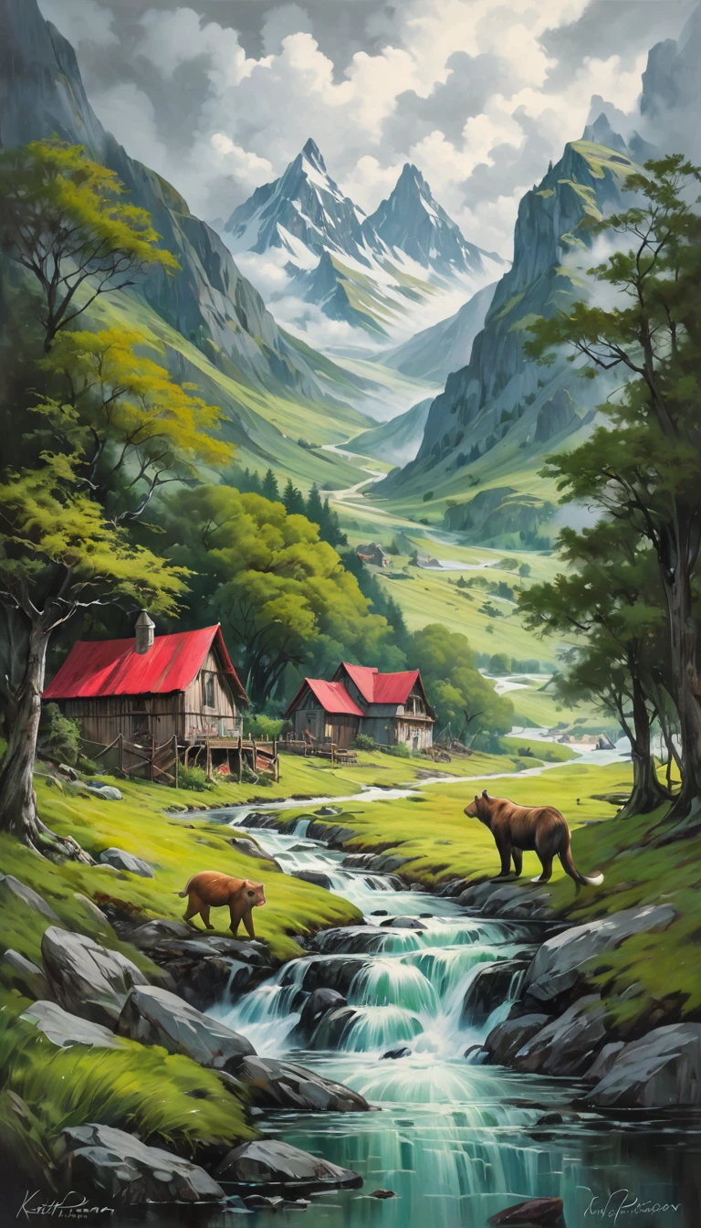artist by Keith Parkinson,inside the village,wild animals,light tones,(smooth strokes),fine sketches,Vivid,Moody,Landscapes,Fantasy,Dark,landscape oil painting, red and green colors