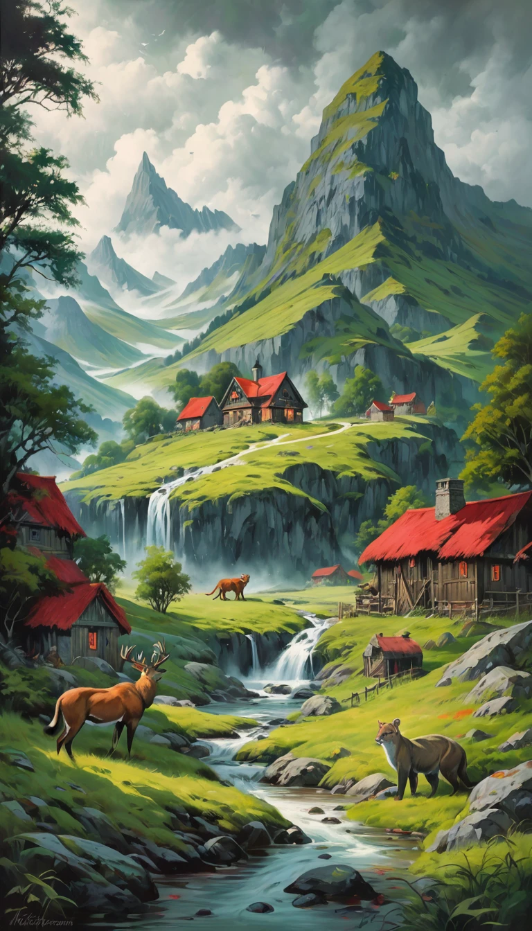 artist by Keith Parkinson,inside the village,wild animals,light tones,(smooth strokes),fine sketches,Vivid,Moody,Landscapes,Fantasy,Dark,landscape oil painting, red and green colors