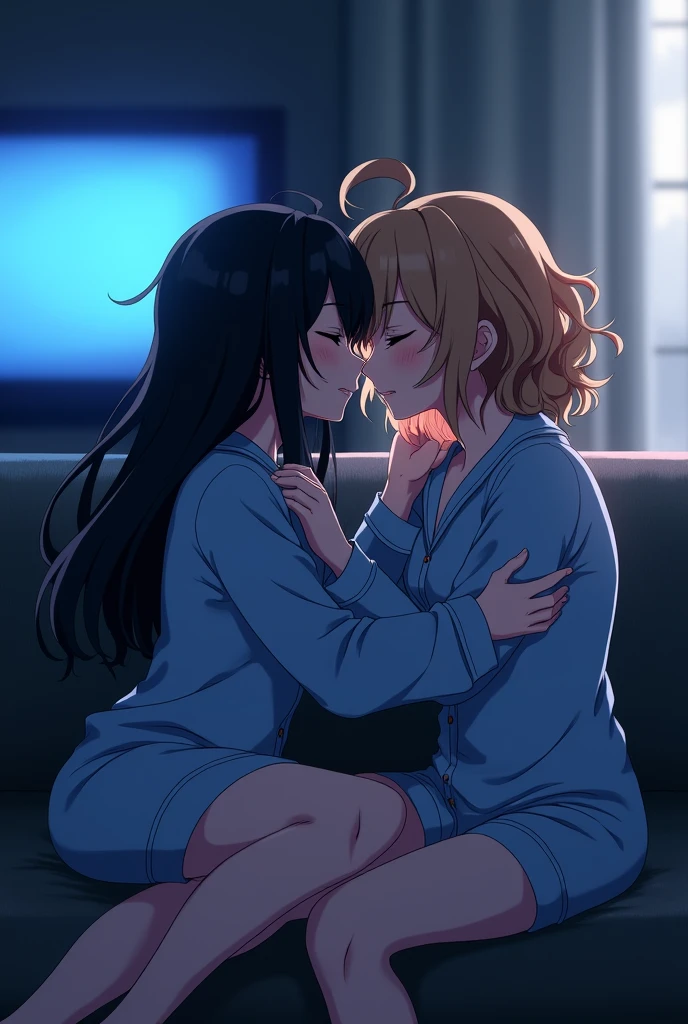 two beautiful anime women making out on their couch, dark, soft blue light from the TV, missionary position, one with long silk black hair and one with long curly light brown hair, in blue pajamas.