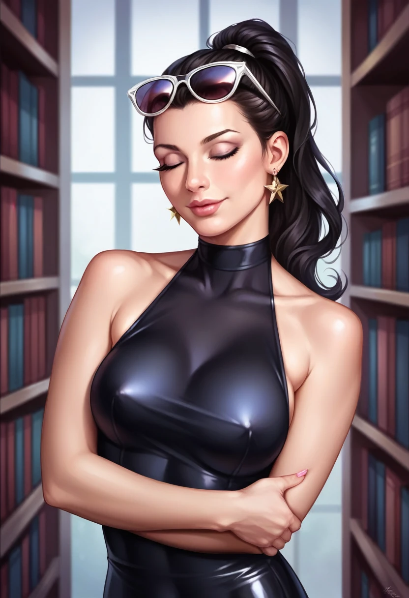 masterpiece, best quality, extremely detailed, hyperrealistic:1.1, photorealistic, a beautiful 20s russian model, ultra detailed face:1.1, high ponytail, black hair, black dress, sunglasses on head:1.1, library, in the night:1.1, x-arms:1.3, eye closed:1.3