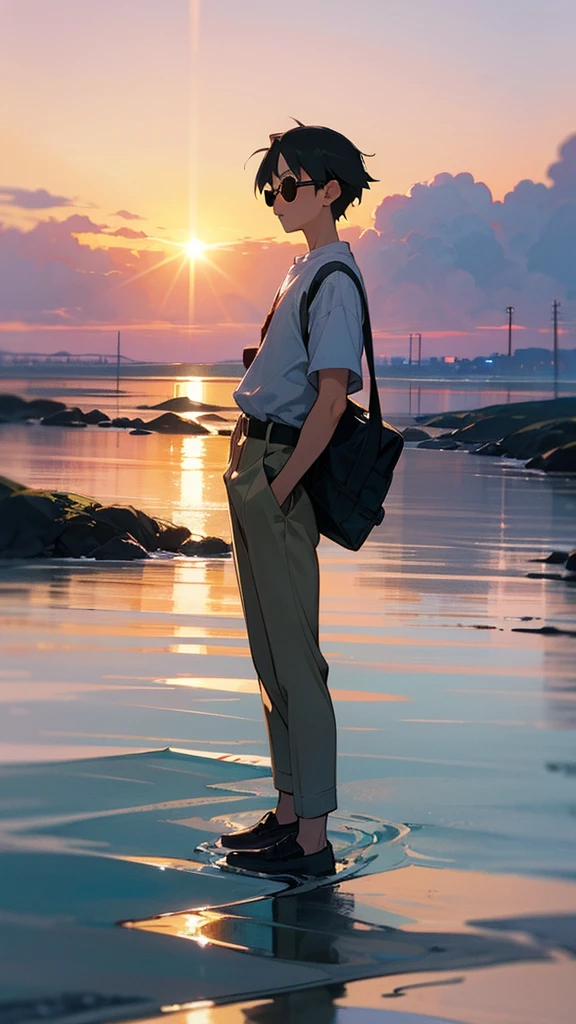 Masterpiece 8k Studio ghibli cozyThe image shows a ghibli style animated boy, dressed in a shades white shirt!!!!! standing by the water and watching a large plane fly by. sunset natural light lighting!!!!! solar 8khdr!!!!