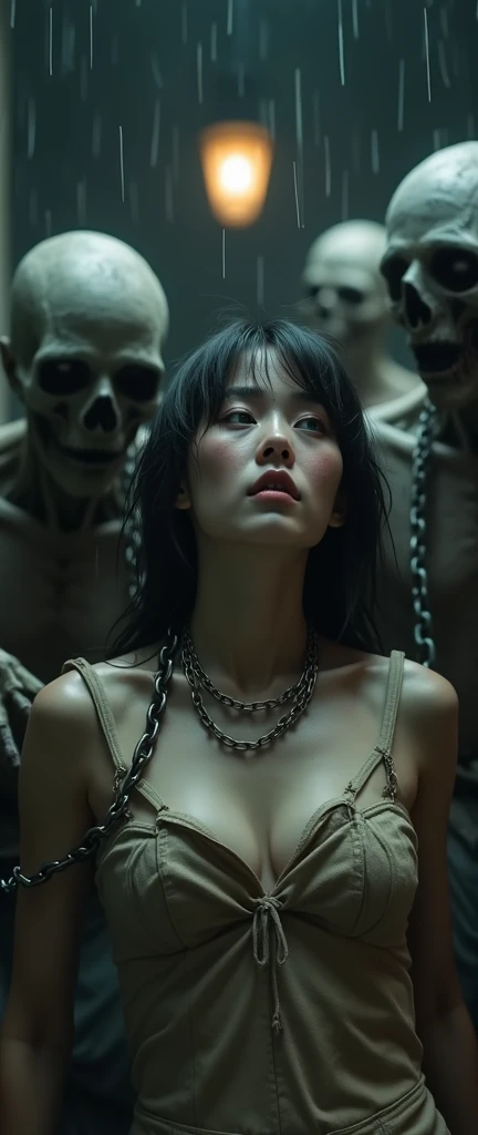 (32K:1.9, Horror expression:1.9, Highest quality, masterpiece, Ultra-high resolution), Perfect dynamic composition, Highly detailed skin and facial textures:1.3, Detailed eyes, Detailed limbs, (The Darkest Dungeon:1.3), Light brown leather outfit:1.6, Cute sexy slim Japanese woman:1.2, Fair skin, Tilt your head, (5 Zombies:1.8, Crazy behavior:1.7, Zombie touching a woman:1.9, Raindrops falling from the ceiling:1.5), (Her huge breasts are about to burst., areola is not visible, Big cleavage), (A look of despair:1.3, Expression of despair:1.3, Totally captivates you), Beautiful Blue Eyes, Beautiful erotic eyes, Sexy Face, blush, Beautiful sensual atmosphere, Professional random camera work, ((Bloody:1.9, Covered in scars:1.9, Bruises on the face:1.9, Covered in bruises:1.9, Lots of big chains:1.8, Countless chains tangled in clothes:1.8, Chain your right arm:1.8, Chain the left arm:1.8, The right leg is bound with a shackle and chain:1.8, The left leg is bound with a shackle and chain:1.8)), ((The endless chains invade:1.8)), (Too erotic)