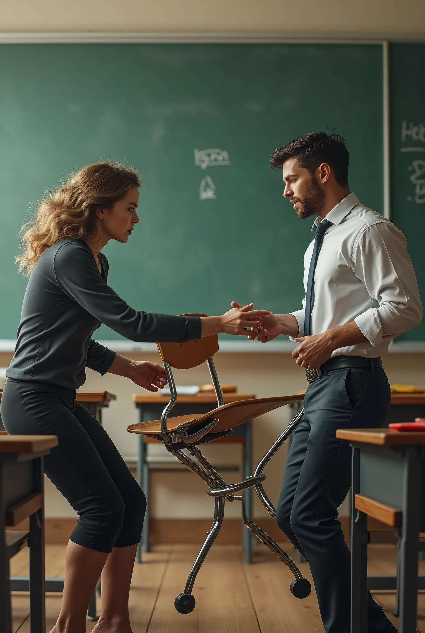 Hyper realistic image of a male student throwing a chair on a female teacher