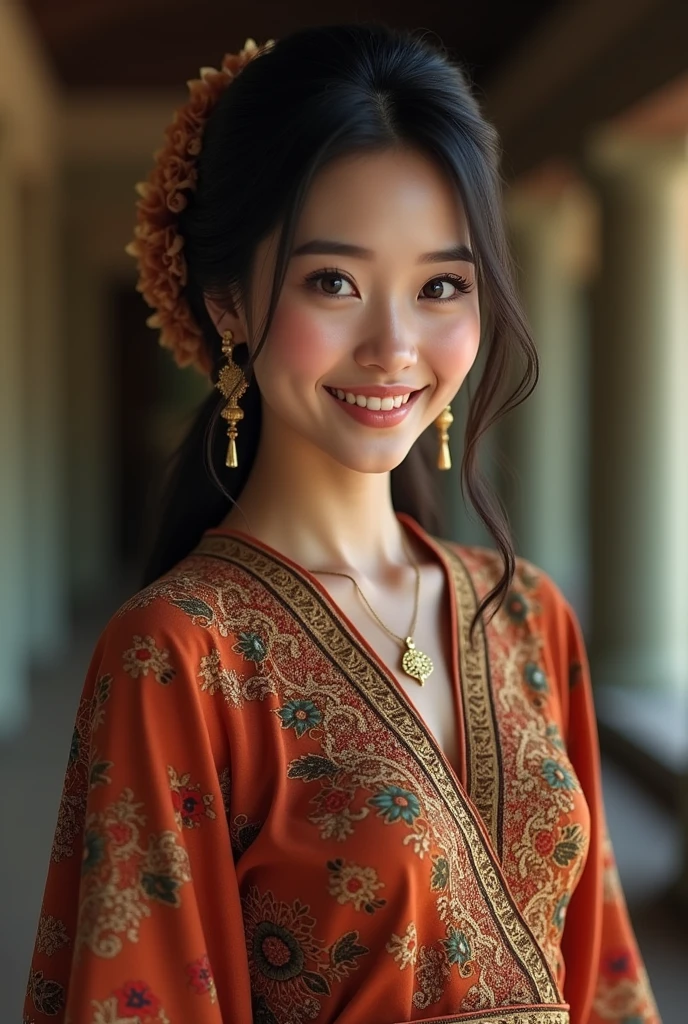 Javanese woman, oval shape face, smile, attractive eyes, traditional kebaya dress, attractive breast, standing, 3d render