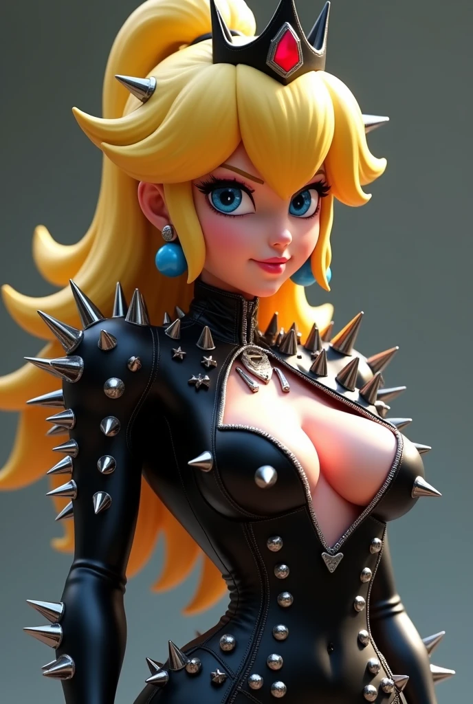 Animated princess peach with crown, black clothes with spikes and a challenging look, small breasts