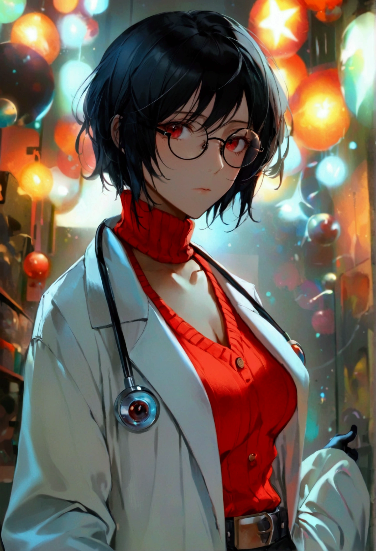 1girl, woman, takemip5, short hair, black hair, blue hair, labcoat, black dress, belt, choker, necklace, cleavage, makeup, eyeliner, (wetting self:1.5), desperation, huge breasts, (blushing:1.5), embarrassed, humiliation, aroused, orgasm, trembling, city, street, crowd, night, futuristic, colorful lights, colorful city