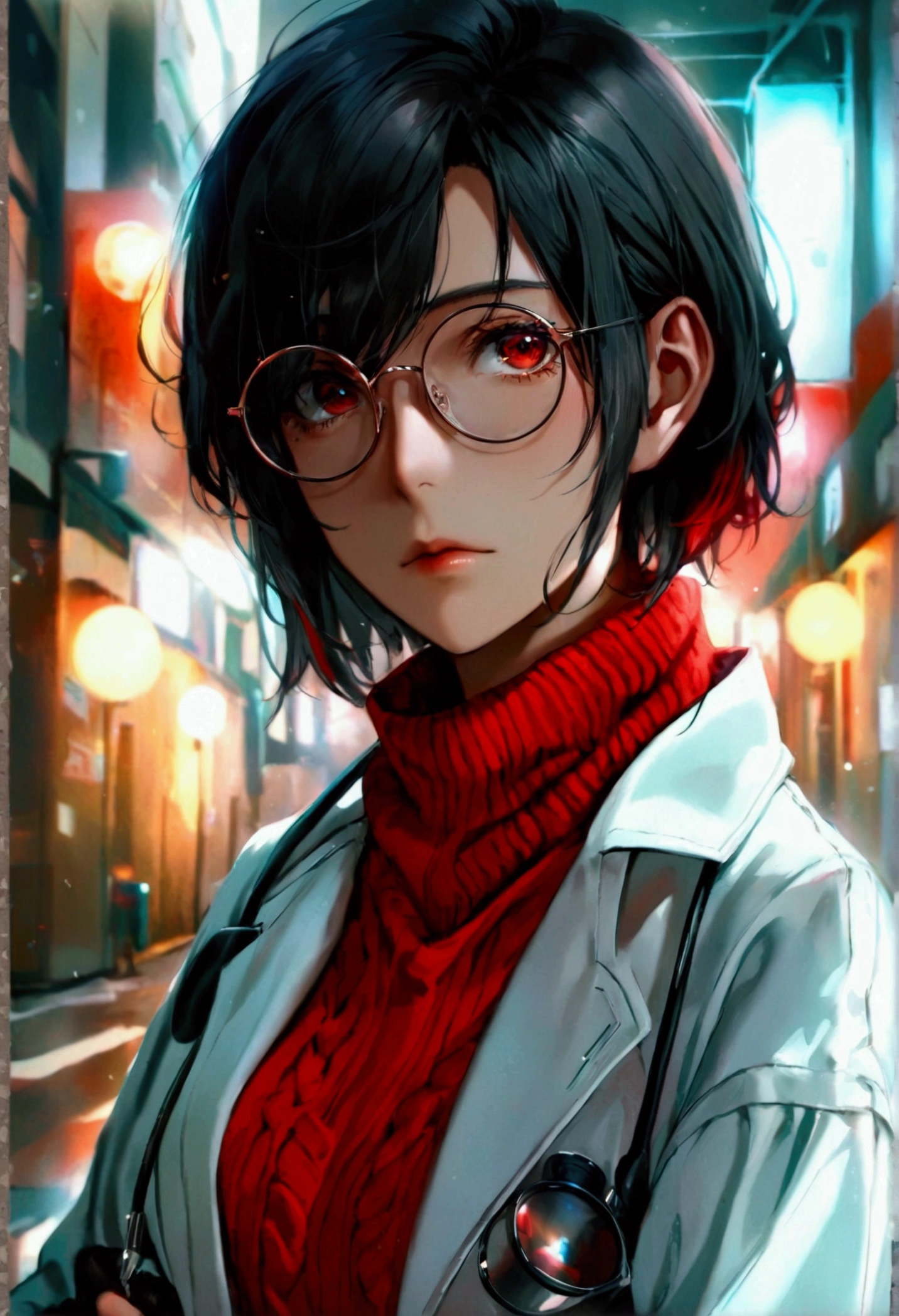 1 woman, anime style, short hair, black hair, narrow eyes, sharp eyes, red eyes, hair over eye, hair over eye, medium-sized chest, sweater, red sweater, black jeans, wide jeans, very wide jeans, high waist jeans, long doctor's coat, white doctor's coat, round (semicircular) glasses, black glasses frame, black boots, high-soled boots, black gloves on hands.